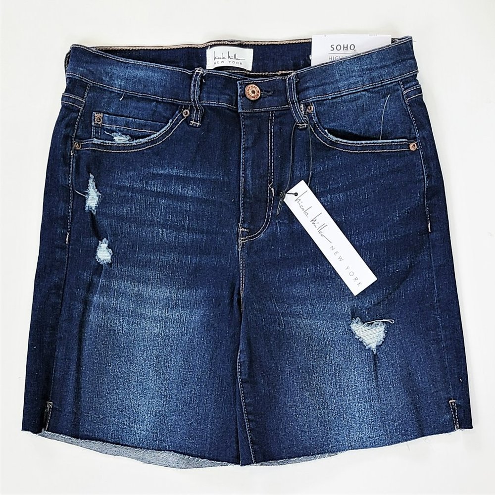 NWT Nicole Miller Soho High Rise Raw Hem Distressed Denim Bermuda Shorts - Picture 5 of 6